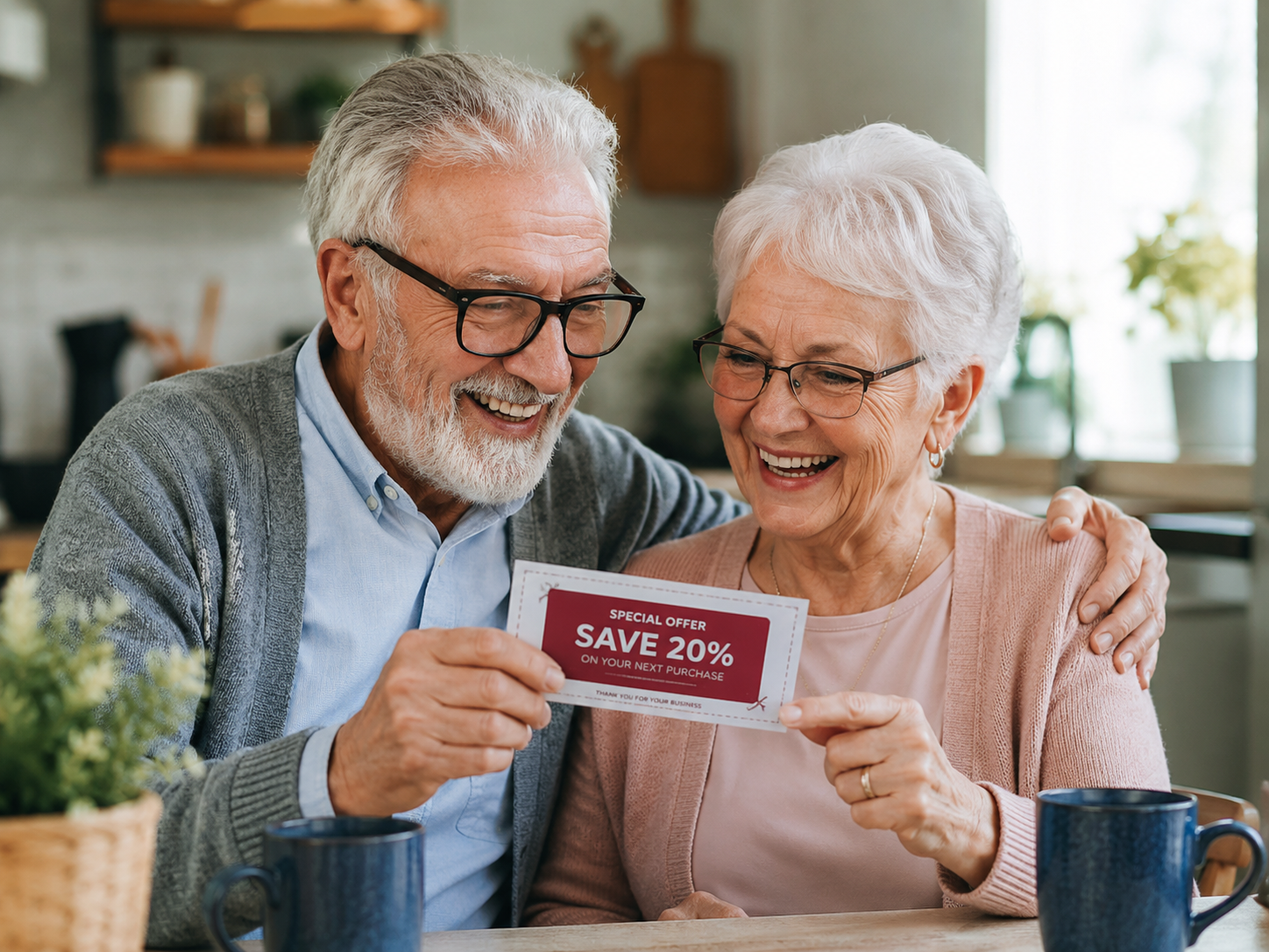 Two happy seniors laughing over a discount coupon